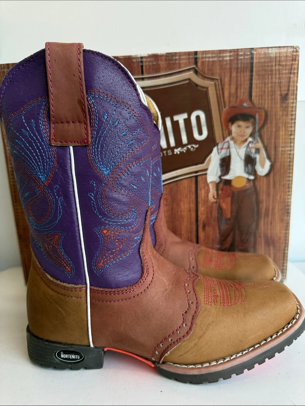 NEW EL NORTEÑO FAMILY COWBOY BOOTS NORTEÑITO SIZE 12.5 GIRLS BOYS BROWN PURPLE